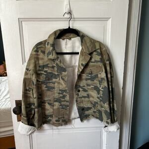 Free Peoples Womens Camo Denim Jacket Size M Military Green Cropped